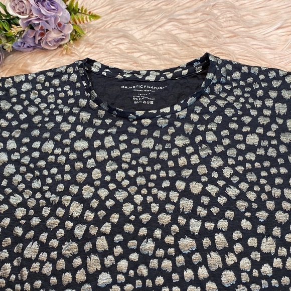 Majestic Filatures Deluxe Navy Linen Metallic Pattern Short Sleeve Tee sz 3 - Picture 3 of 9